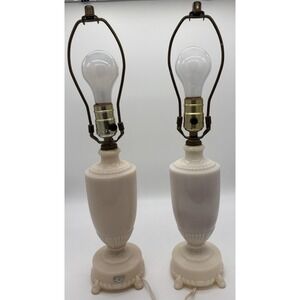 Vintage Pair Alacite By Aladdin Table Lamps Cream Ivory Art Deco Urn Style Works